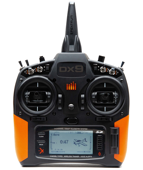 Front of DX9 transmitter with orange grips
